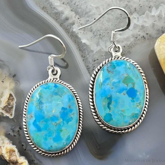 Jewelry - Sterling Southwestern Style Oval Mojave Turquoise Dangle Earrings For Women